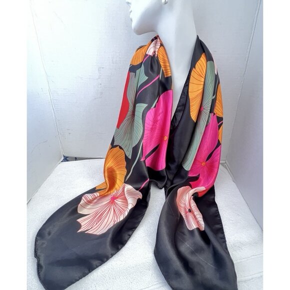 Botanical Silk-Feel Scarf Vibrant Floral 34” Square Elegant - Picture 9 of 11
